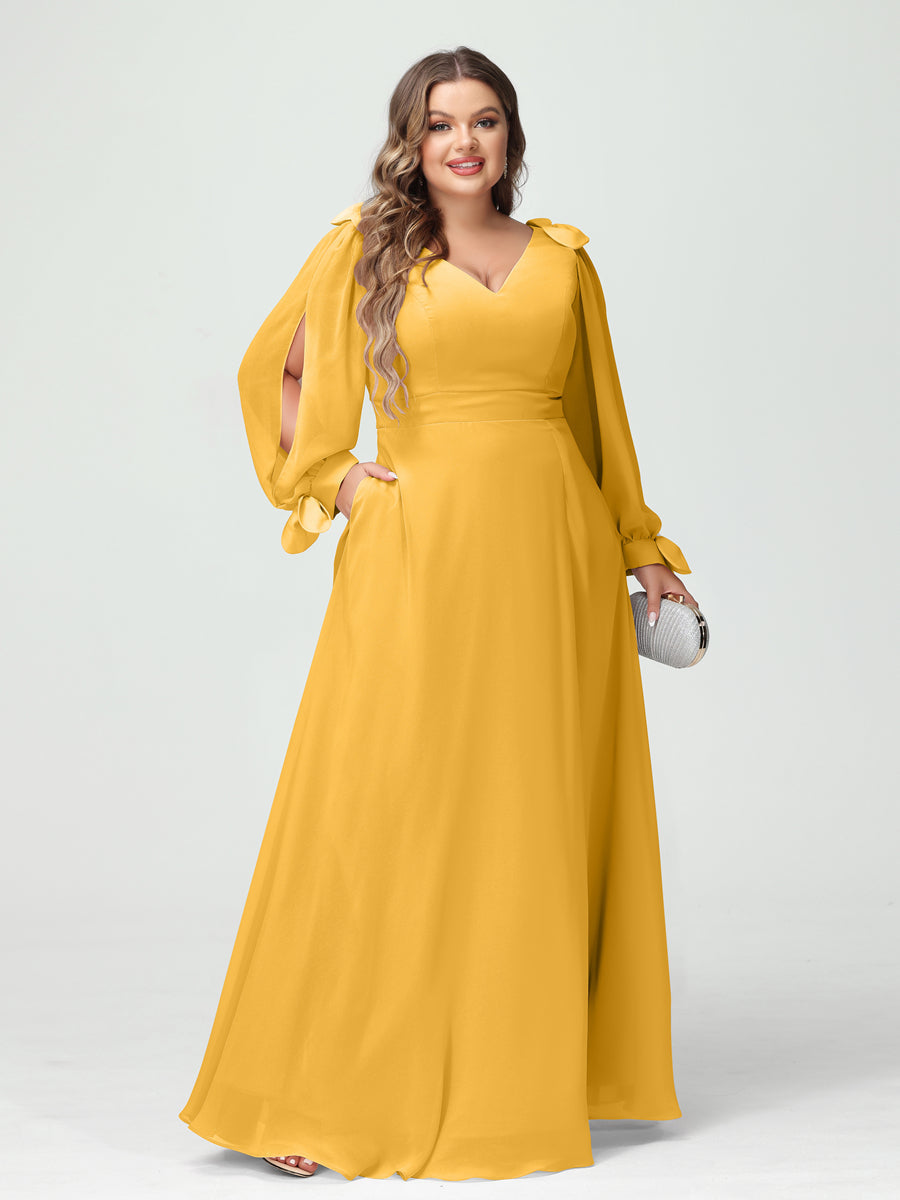 A-Line/Princess V-Neck Long Sleeves Chiffon Split Side Plus Size Bridesmaid Dresses with Pockets Mustard Yellow