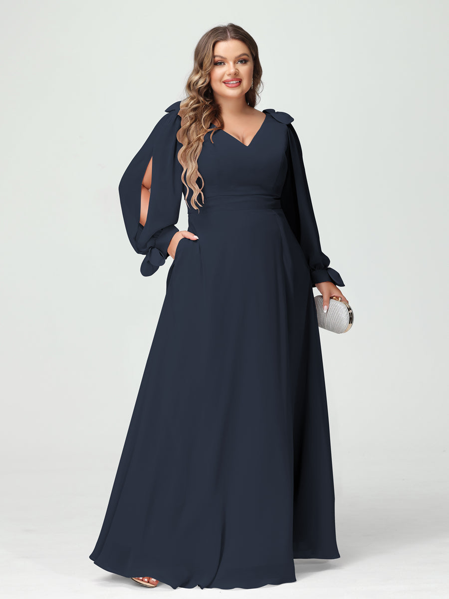 A-Line/Princess V-Neck Long Sleeves Chiffon Split Side Plus Size Bridesmaid Dresses with Pockets Navy Blue