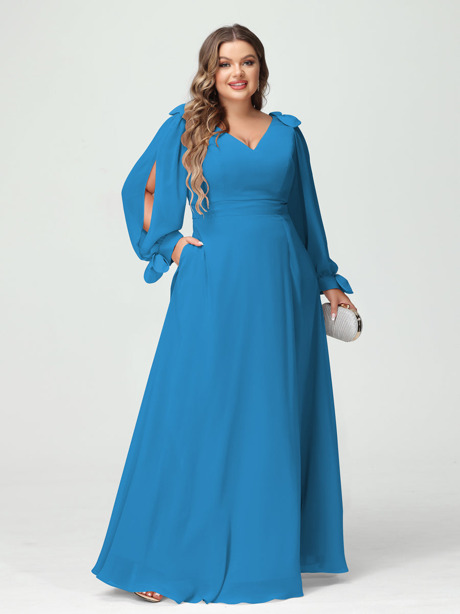 A-Line/Princess V-Neck Long Sleeves Chiffon Split Side Plus Size Bridesmaid Dresses with Pockets Ocean Blue