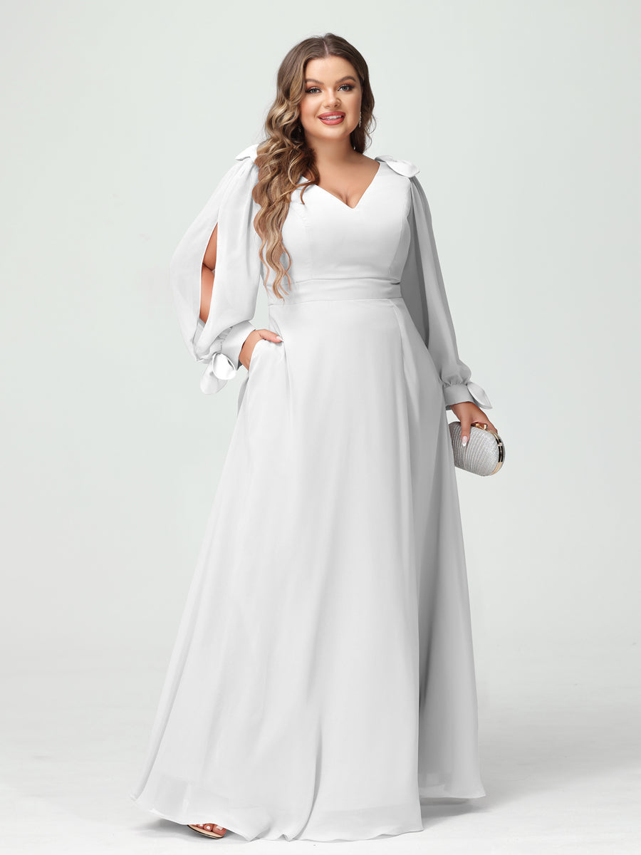 A-Line/Princess V-Neck Long Sleeves Chiffon Split Side Plus Size Bridesmaid Dresses with Pockets Off White
