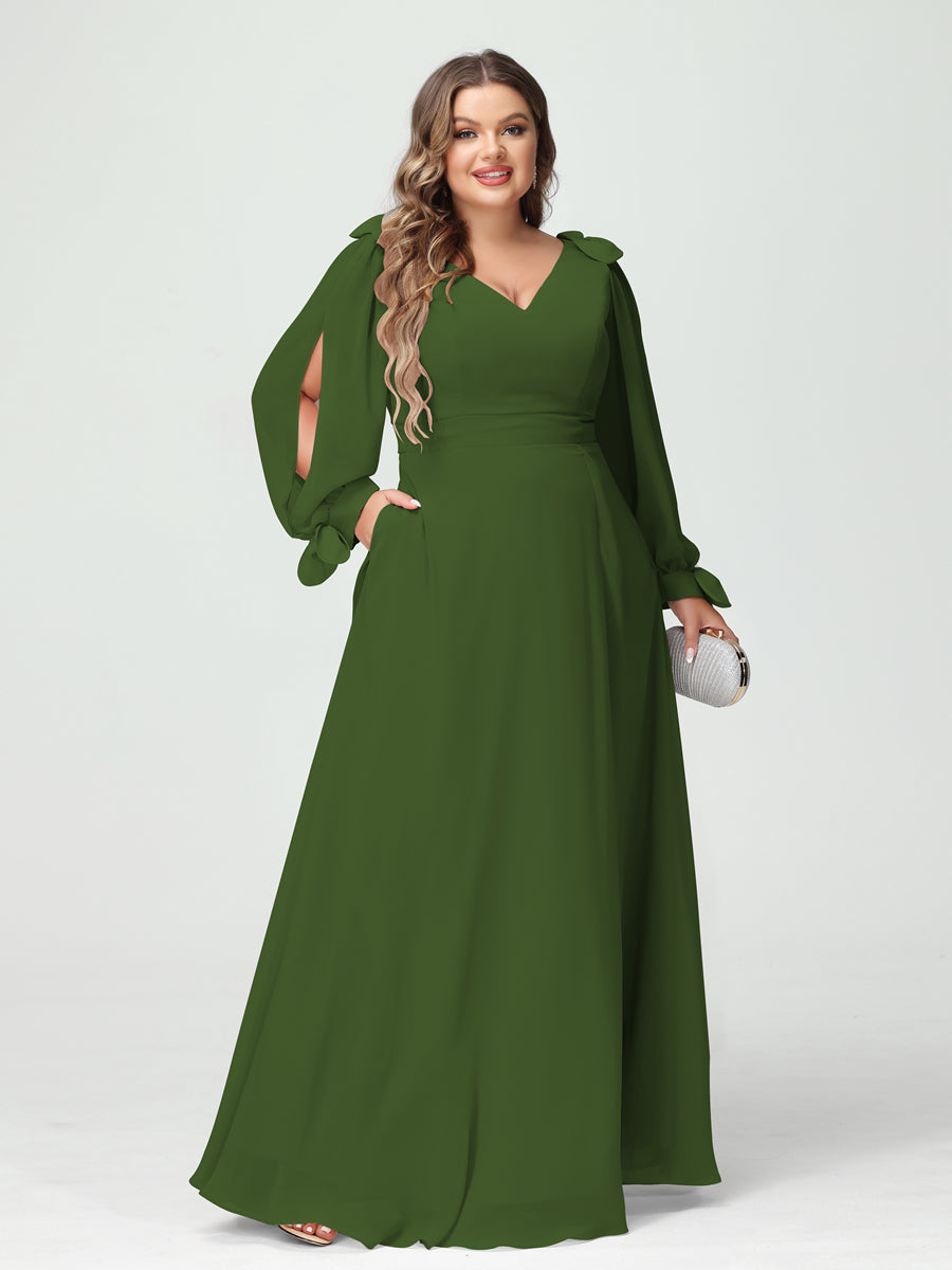 A-Line/Princess V-Neck Long Sleeves Chiffon Split Side Plus Size Bridesmaid Dresses with Pockets Olive Green