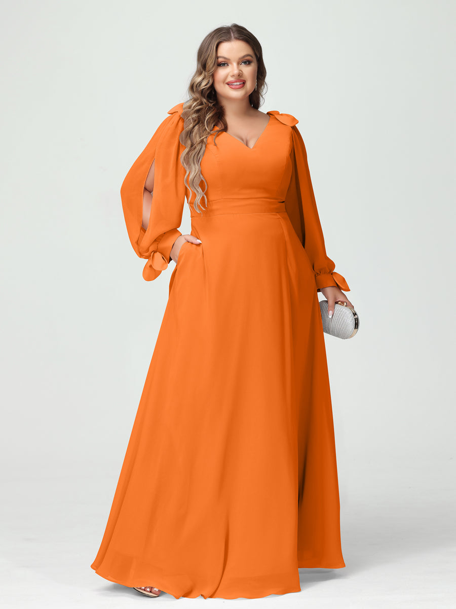 A-Line/Princess V-Neck Long Sleeves Chiffon Split Side Plus Size Bridesmaid Dresses with Pockets Orange