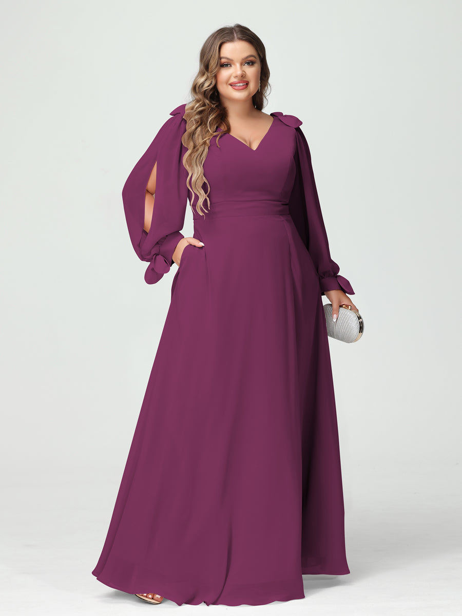 A-Line/Princess V-Neck Long Sleeves Chiffon Split Side Plus Size Bridesmaid Dresses with Pockets Orchid