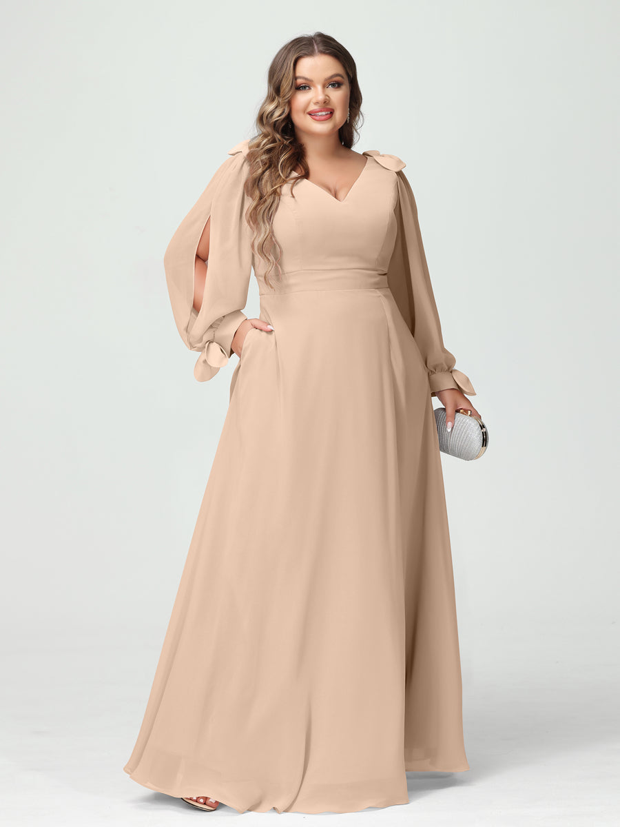 A-Line/Princess V-Neck Long Sleeves Chiffon Split Side Plus Size Bridesmaid Dresses with Pockets Peach Pink