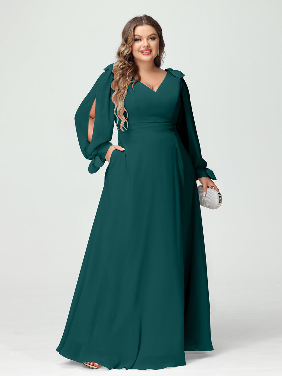 A-Line/Princess V-Neck Long Sleeves Chiffon Split Side Plus Size Bridesmaid Dresses with Pockets Peacock