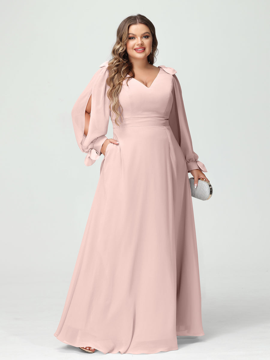 A-Line/Princess V-Neck Long Sleeves Chiffon Split Side Plus Size Bridesmaid Dresses with Pockets Pearl Pink