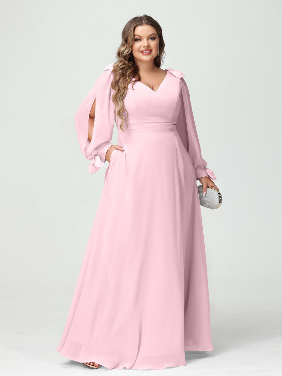 A-Line/Princess V-Neck Long Sleeves Chiffon Split Side Plus Size Bridesmaid Dresses with Pockets Pink