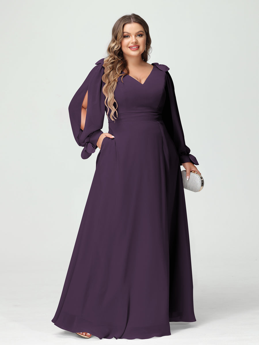 A-Line/Princess V-Neck Long Sleeves Chiffon Split Side Plus Size Bridesmaid Dresses with Pockets Plum