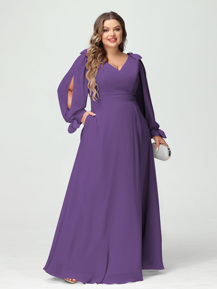 A-Line/Princess V-Neck Long Sleeves Chiffon Split Side Plus Size Bridesmaid Dresses with Pockets Purple