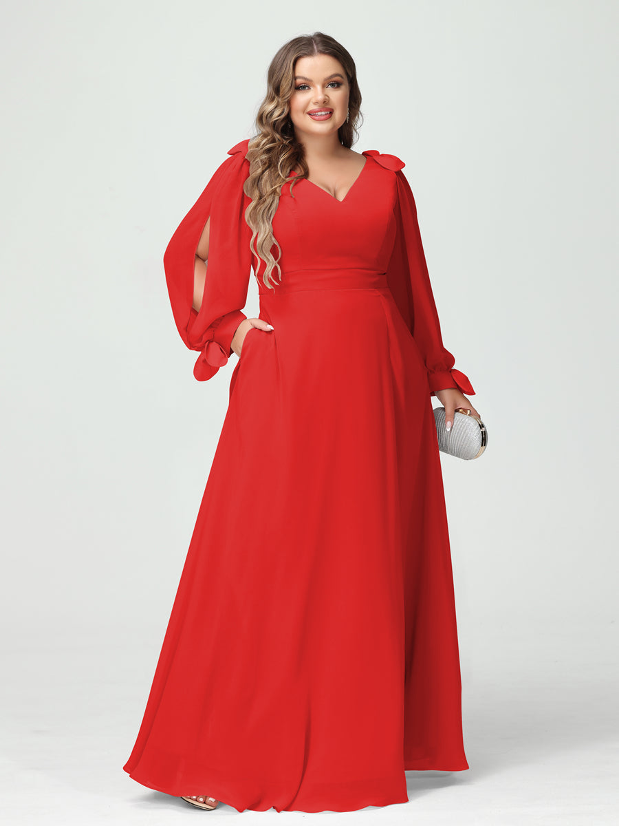A-Line/Princess V-Neck Long Sleeves Chiffon Split Side Plus Size Bridesmaid Dresses with Pockets Red
