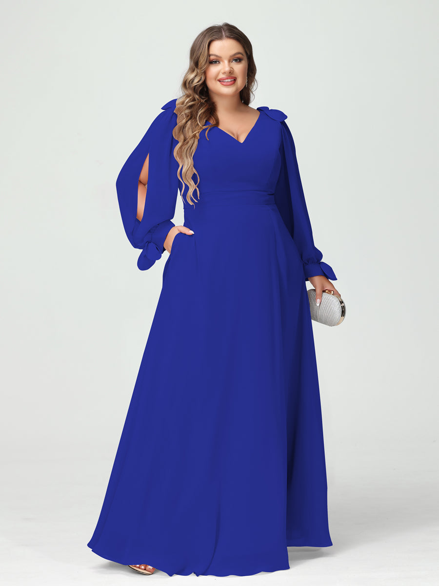 A-Line/Princess V-Neck Long Sleeves Chiffon Split Side Plus Size Bridesmaid Dresses with Pockets Royal Blue