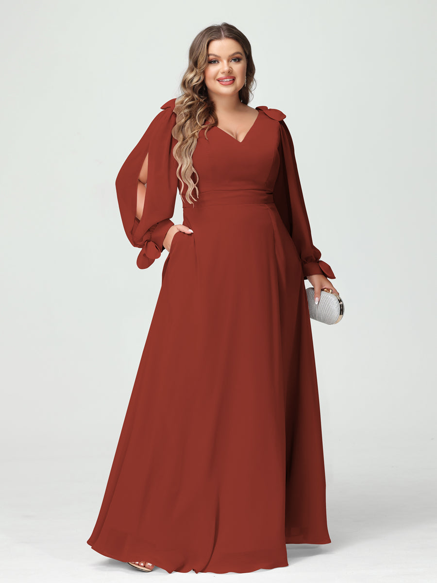 A-Line/Princess V-Neck Long Sleeves Chiffon Split Side Plus Size Bridesmaid Dresses with Pockets Rust