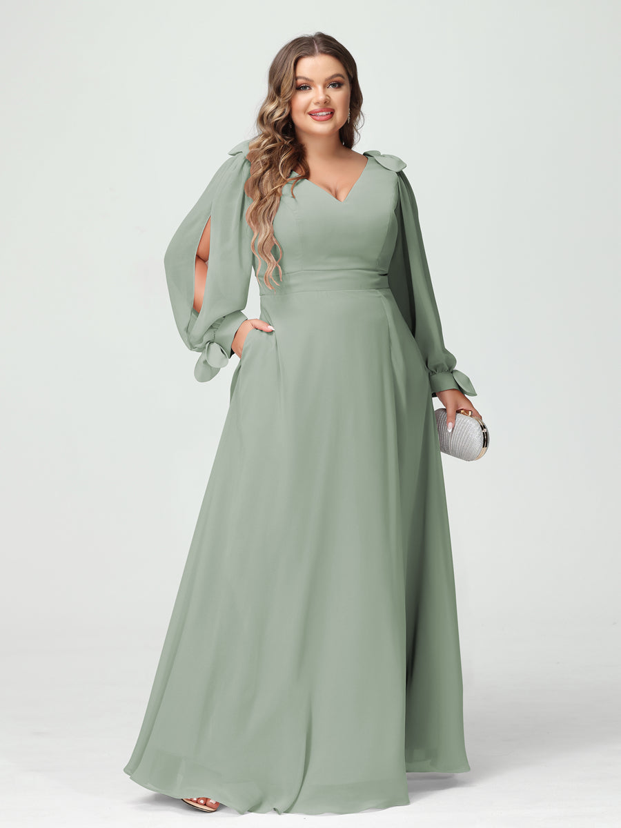 A-Line/Princess V-Neck Long Sleeves Chiffon Split Side Plus Size Bridesmaid Dresses with Pockets Sage