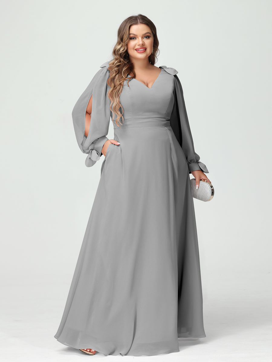 A-Line/Princess V-Neck Long Sleeves Chiffon Split Side Plus Size Bridesmaid Dresses with Pockets Silver