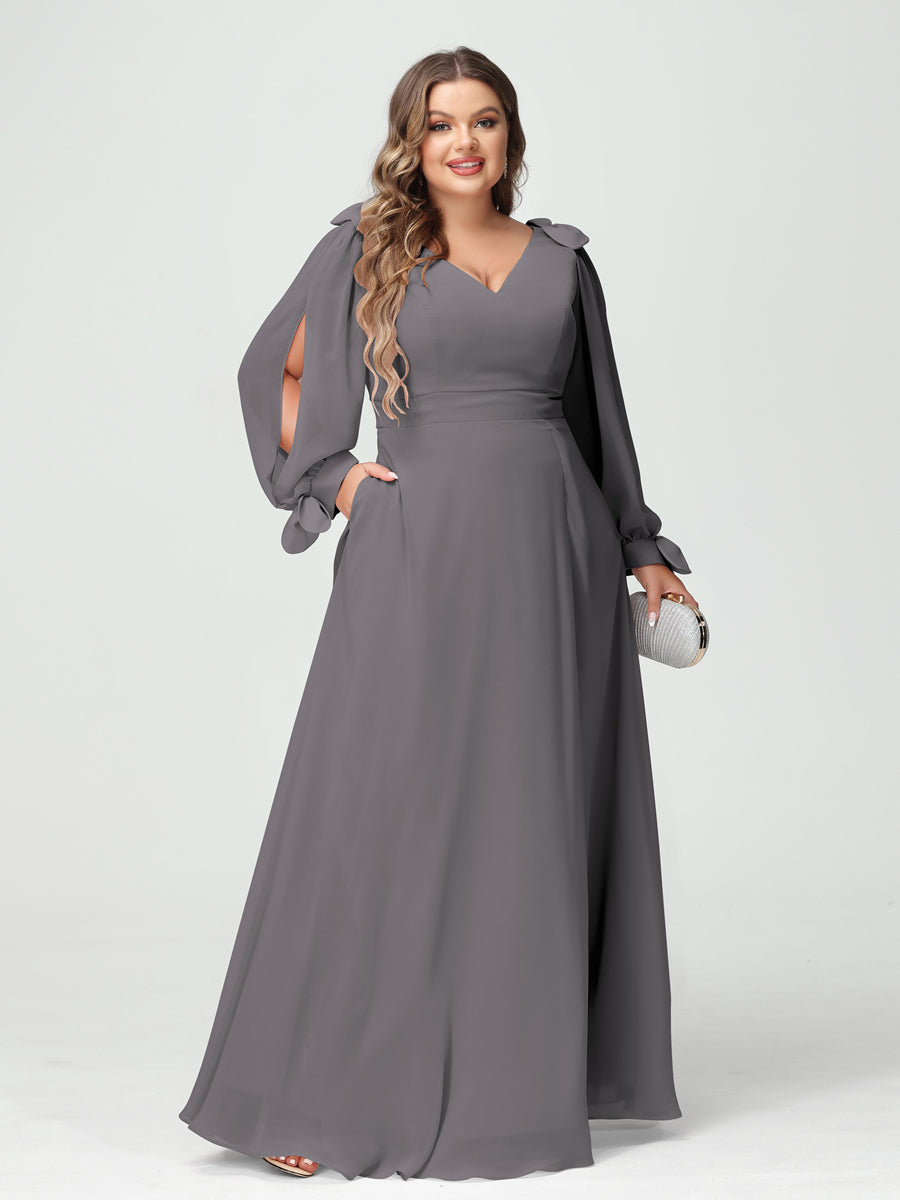 A-Line/Princess V-Neck Long Sleeves Chiffon Split Side Plus Size Bridesmaid Dresses with Pockets Silver Gray