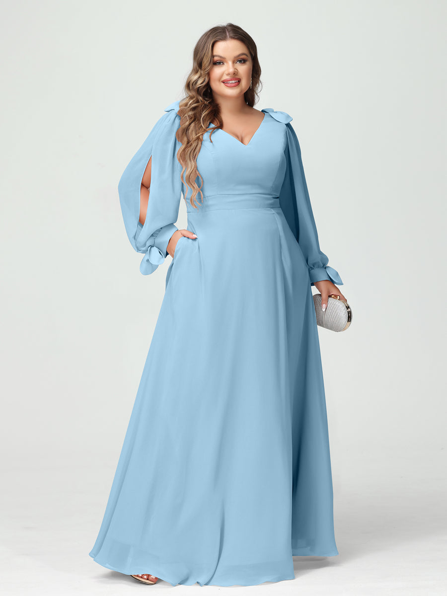 A-Line/Princess V-Neck Long Sleeves Chiffon Split Side Plus Size Bridesmaid Dresses with Pockets Sky Blue