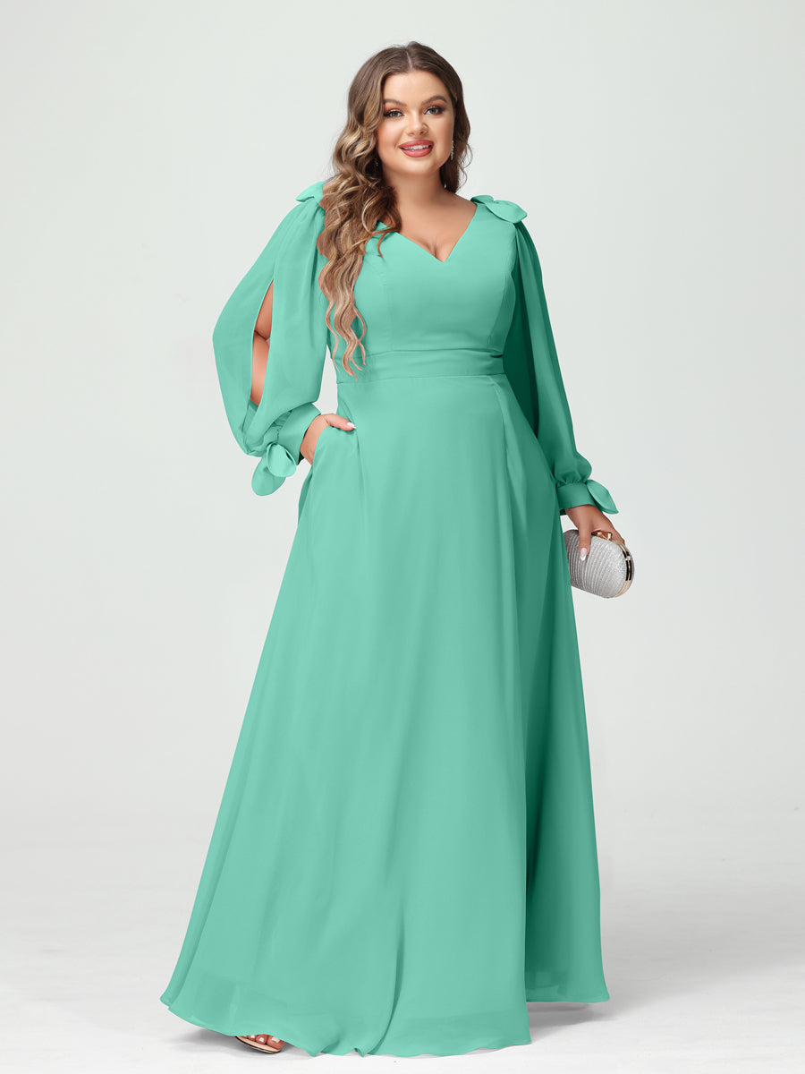 A-Line/Princess V-Neck Long Sleeves Chiffon Split Side Plus Size Bridesmaid Dresses with Pockets Spa