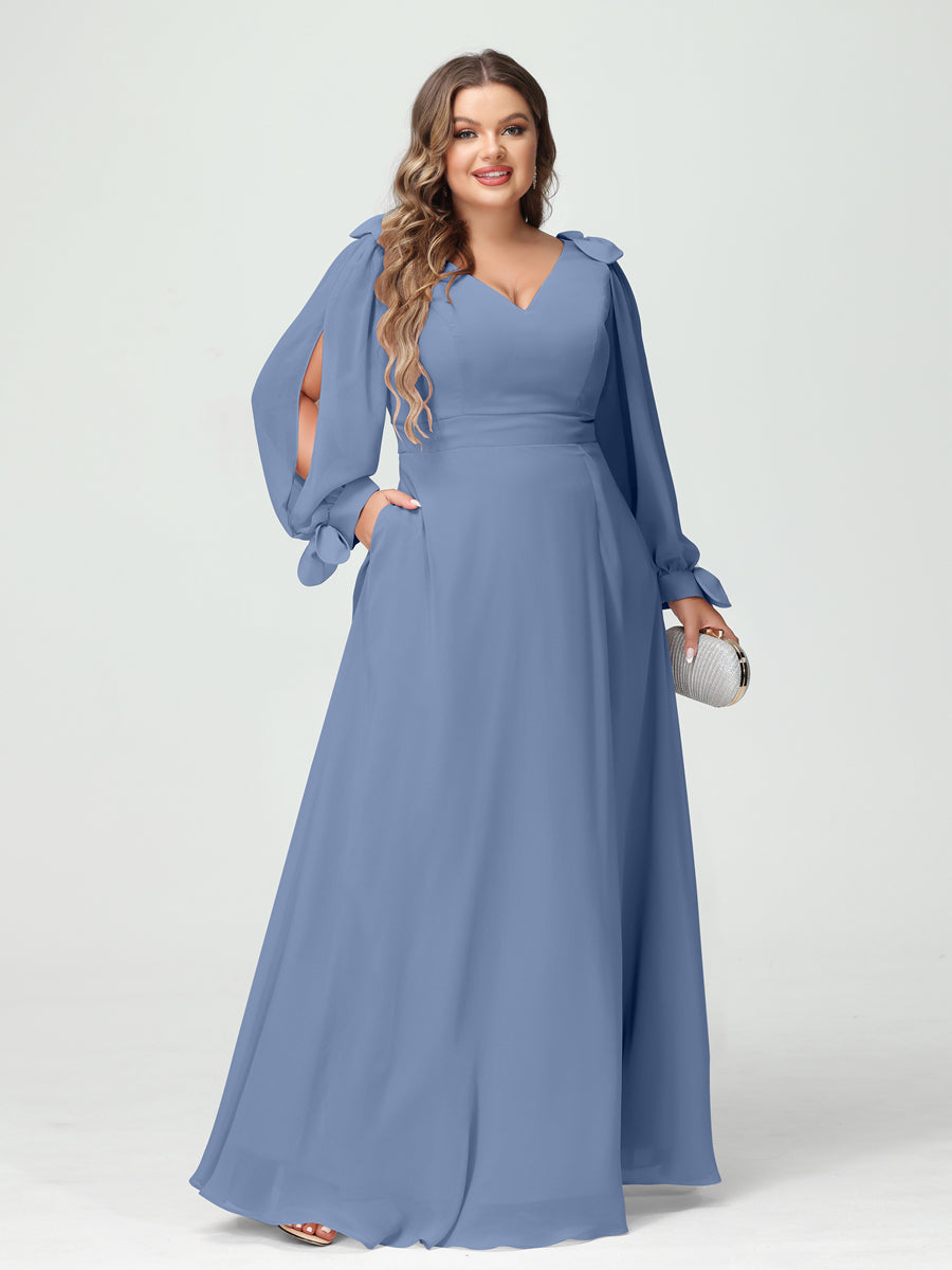 A-Line/Princess V-Neck Long Sleeves Chiffon Split Side Plus Size Bridesmaid Dresses with Pockets Steel Blue