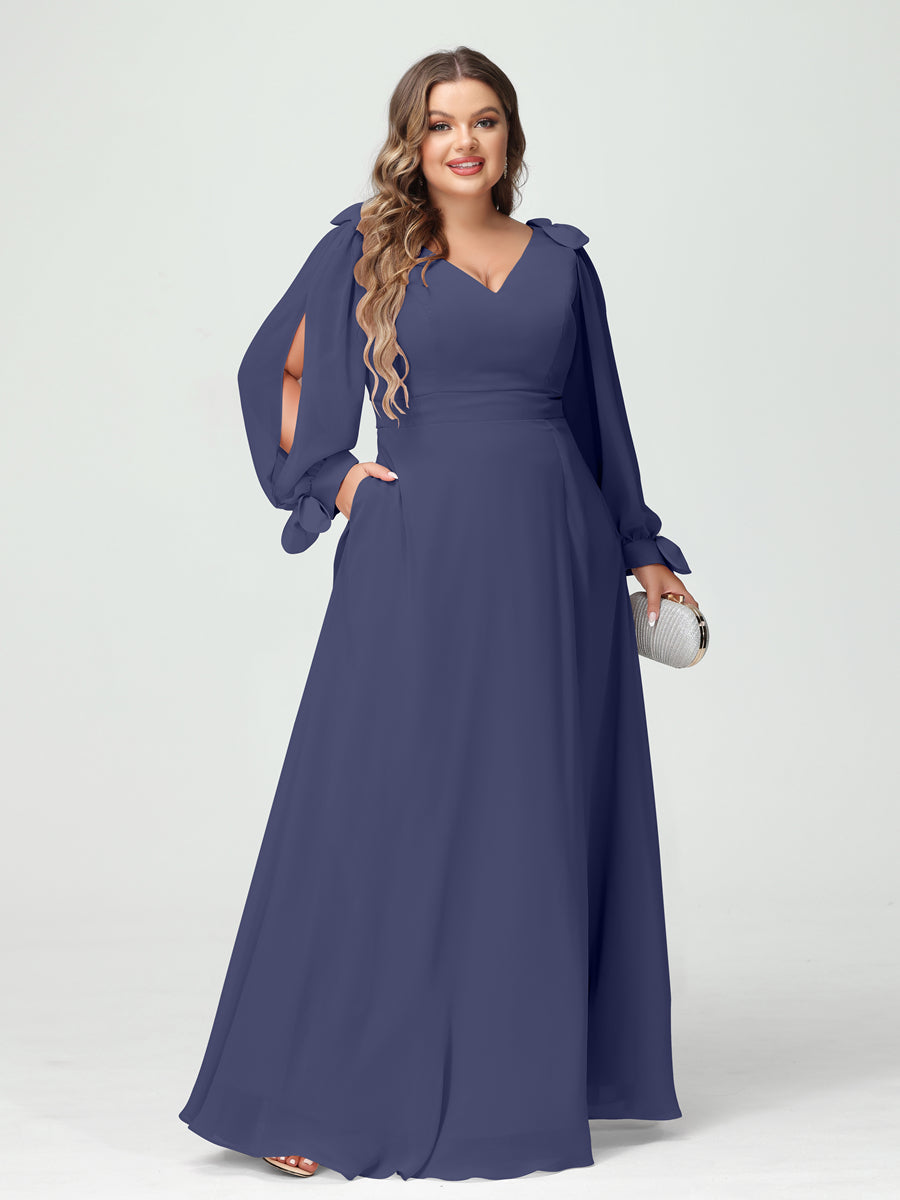 A-Line/Princess V-Neck Long Sleeves Chiffon Split Side Plus Size Bridesmaid Dresses with Pockets Stormy Blue