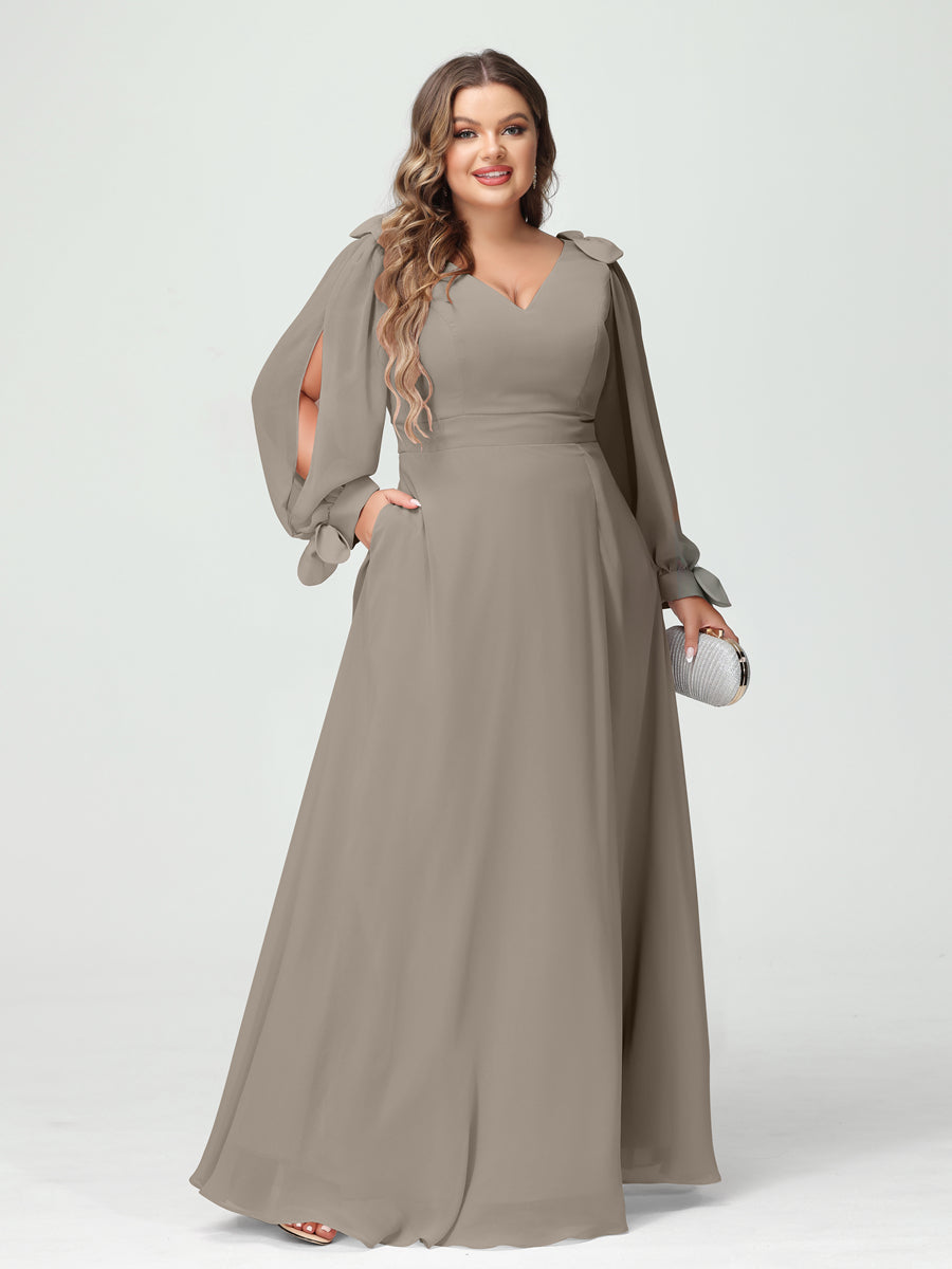 A-Line/Princess V-Neck Long Sleeves Chiffon Split Side Plus Size Bridesmaid Dresses with Pockets Taupe