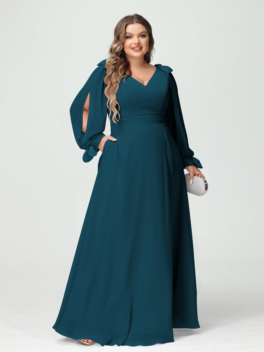 A-Line/Princess V-Neck Long Sleeves Chiffon Split Side Plus Size Bridesmaid Dresses with Pockets Teal