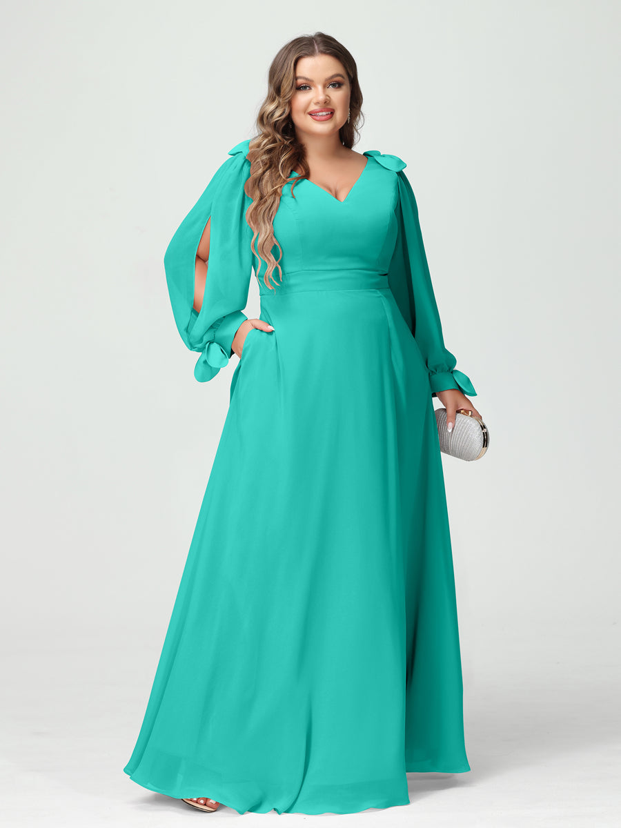A-Line/Princess V-Neck Long Sleeves Chiffon Split Side Plus Size Bridesmaid Dresses with Pockets Turquoise