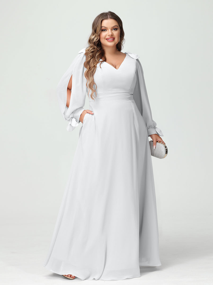 A-Line/Princess V-Neck Long Sleeves Chiffon Split Side Plus Size Bridesmaid Dresses with Pockets White