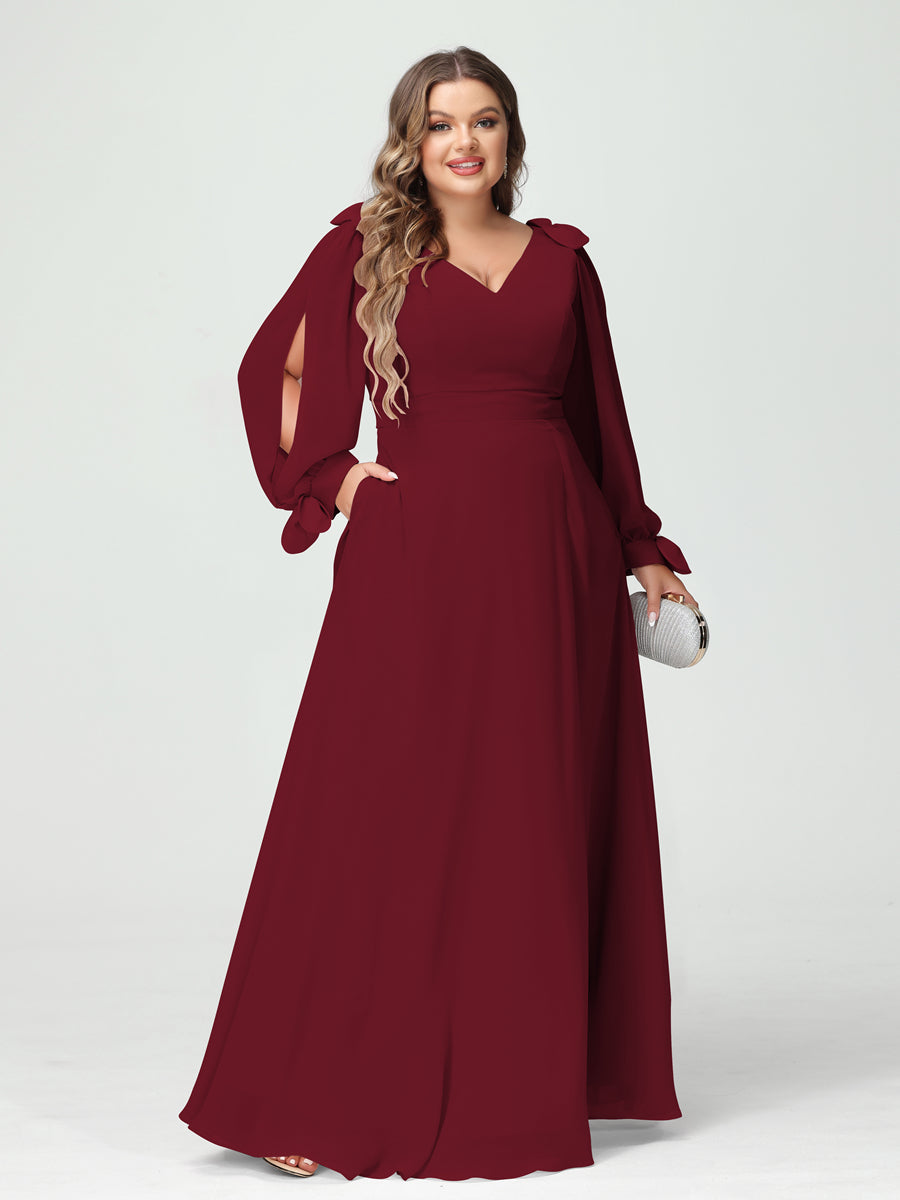 A-Line/Princess V-Neck Long Sleeves Chiffon Split Side Plus Size Bridesmaid Dresses with Pockets Wine Red