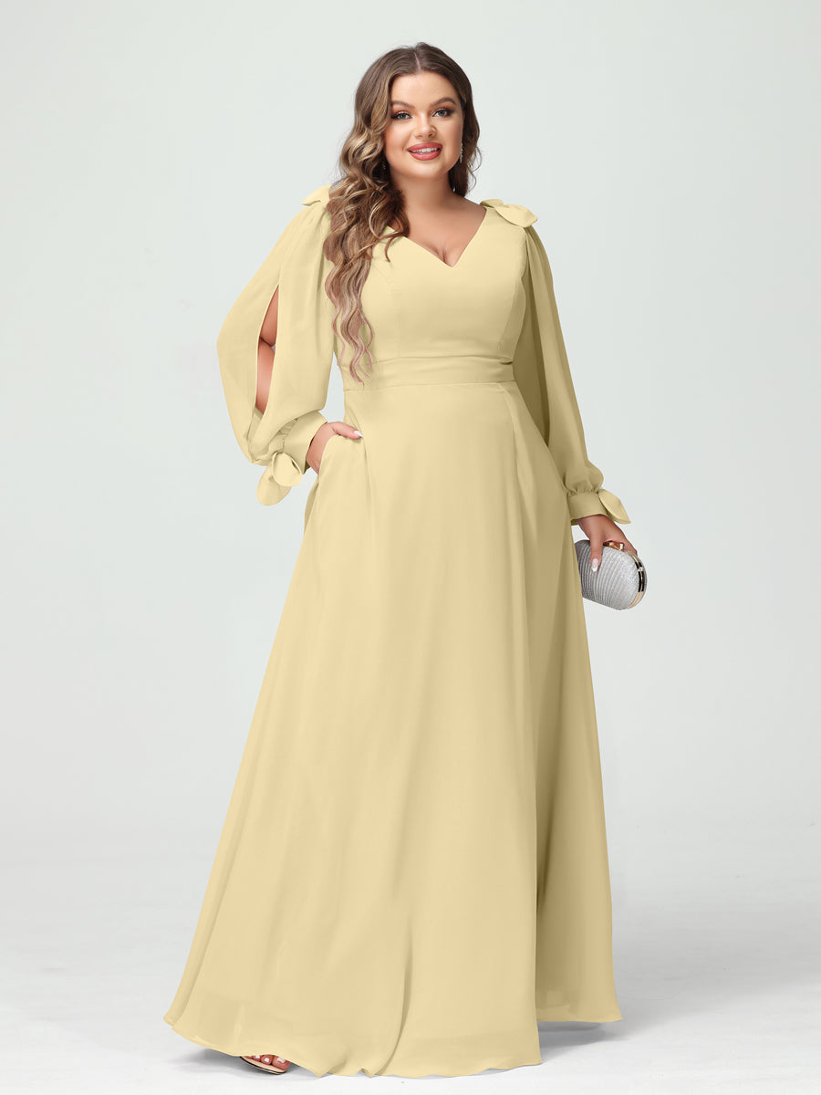 A-Line/Princess V-Neck Long Sleeves Chiffon Split Side Plus Size Bridesmaid Dresses with Pockets Yellow