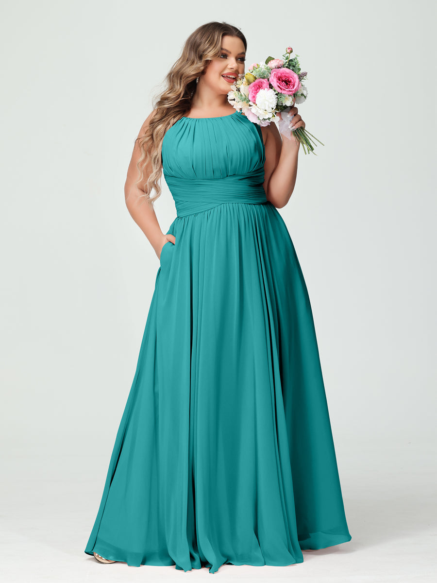 A-Line/Princess Spaghetti Straps Sleeveless Chiffon Ruched Plus Size Bridesmaid Dresses with Pockets Aqua Blue