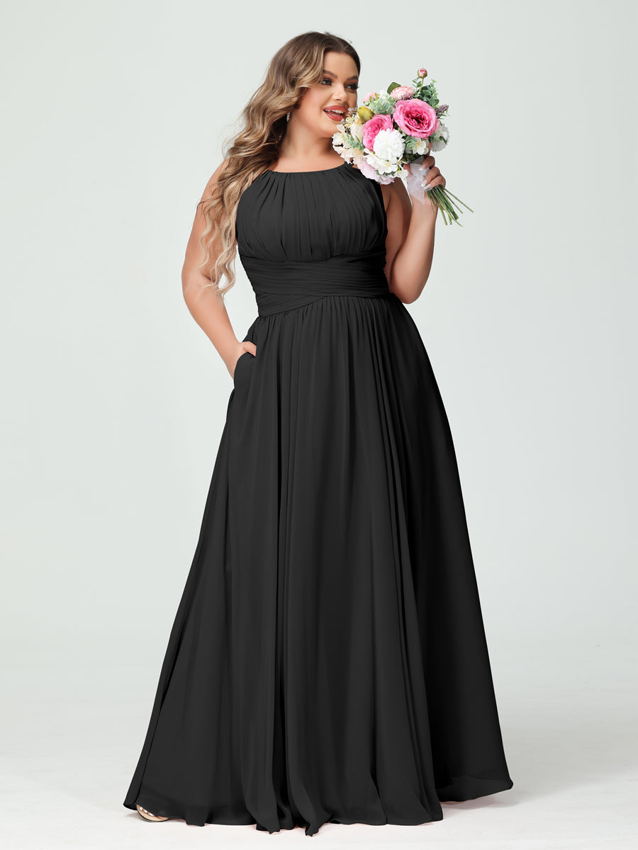 A-Line/Princess Spaghetti Straps Sleeveless Chiffon Ruched Plus Size Bridesmaid Dresses with Pockets Black
