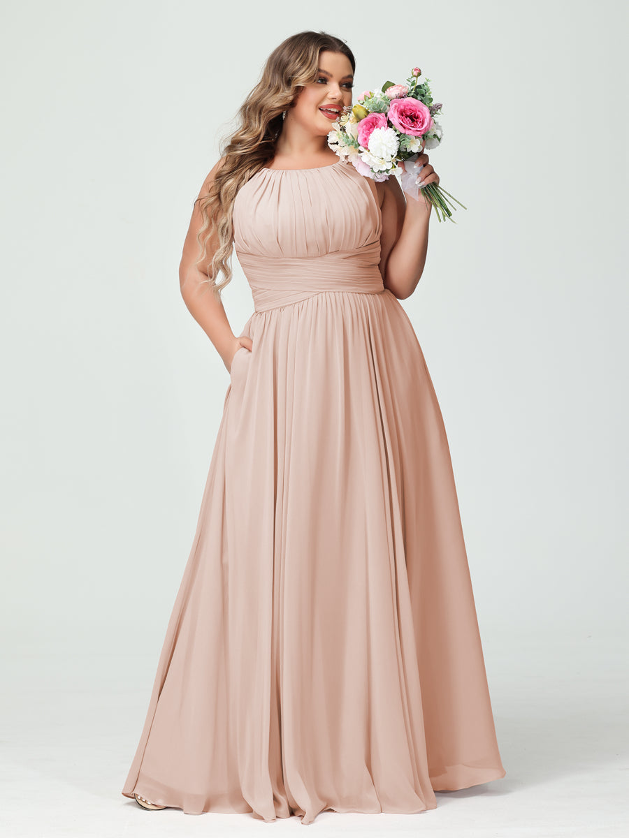A-Line/Princess Spaghetti Straps Sleeveless Chiffon Ruched Plus Size Bridesmaid Dresses with Pockets Blush Pink