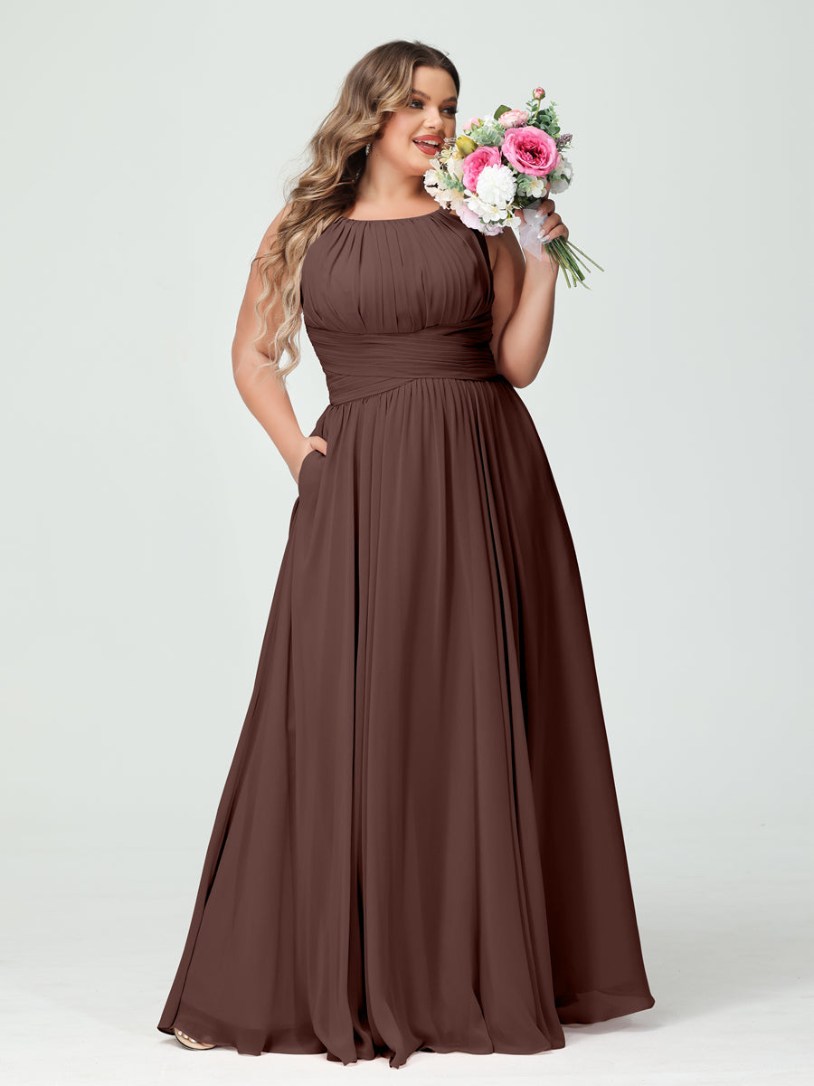 A-Line/Princess Spaghetti Straps Sleeveless Chiffon Ruched Plus Size Bridesmaid Dresses with Pockets Brown