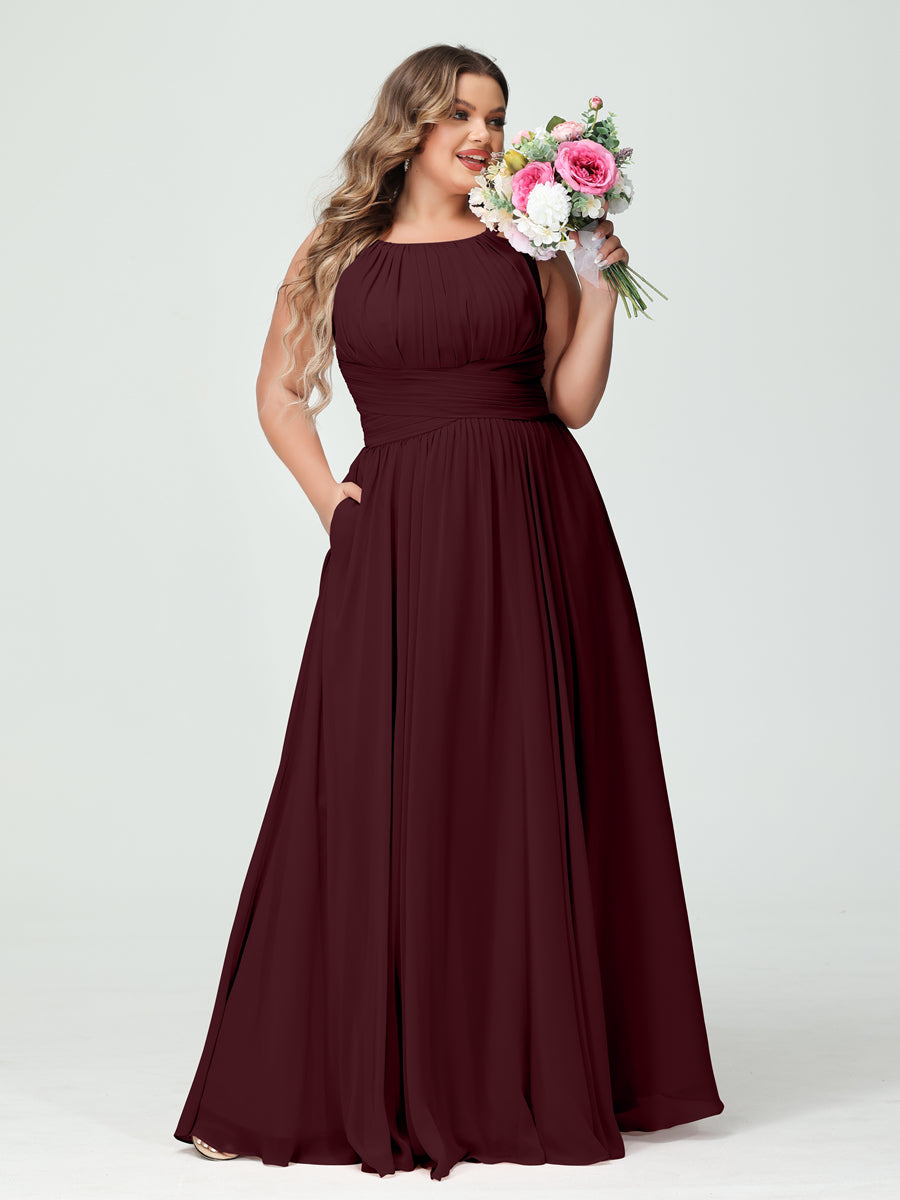 A-Line/Princess Spaghetti Straps Sleeveless Chiffon Ruched Plus Size Bridesmaid Dresses with Pockets Burgundy