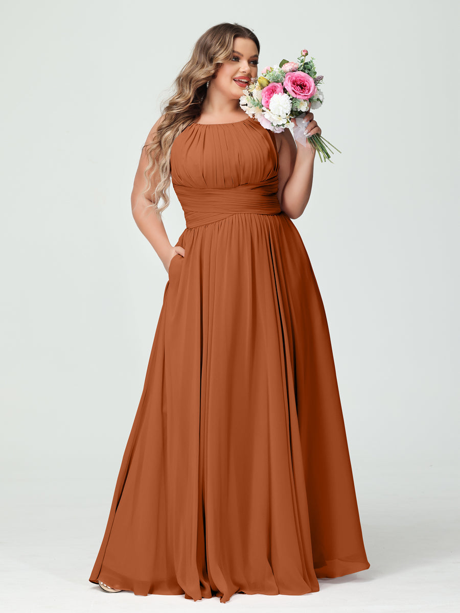 A-Line/Princess Spaghetti Straps Sleeveless Chiffon Ruched Plus Size Bridesmaid Dresses with Pockets Burnt Orange