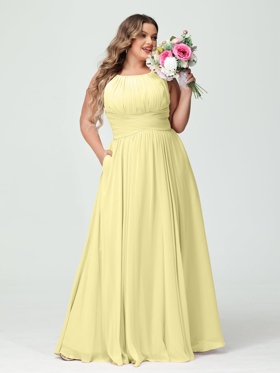 A-Line/Princess Spaghetti Straps Sleeveless Chiffon Ruched Plus Size Bridesmaid Dresses with Pockets Canary