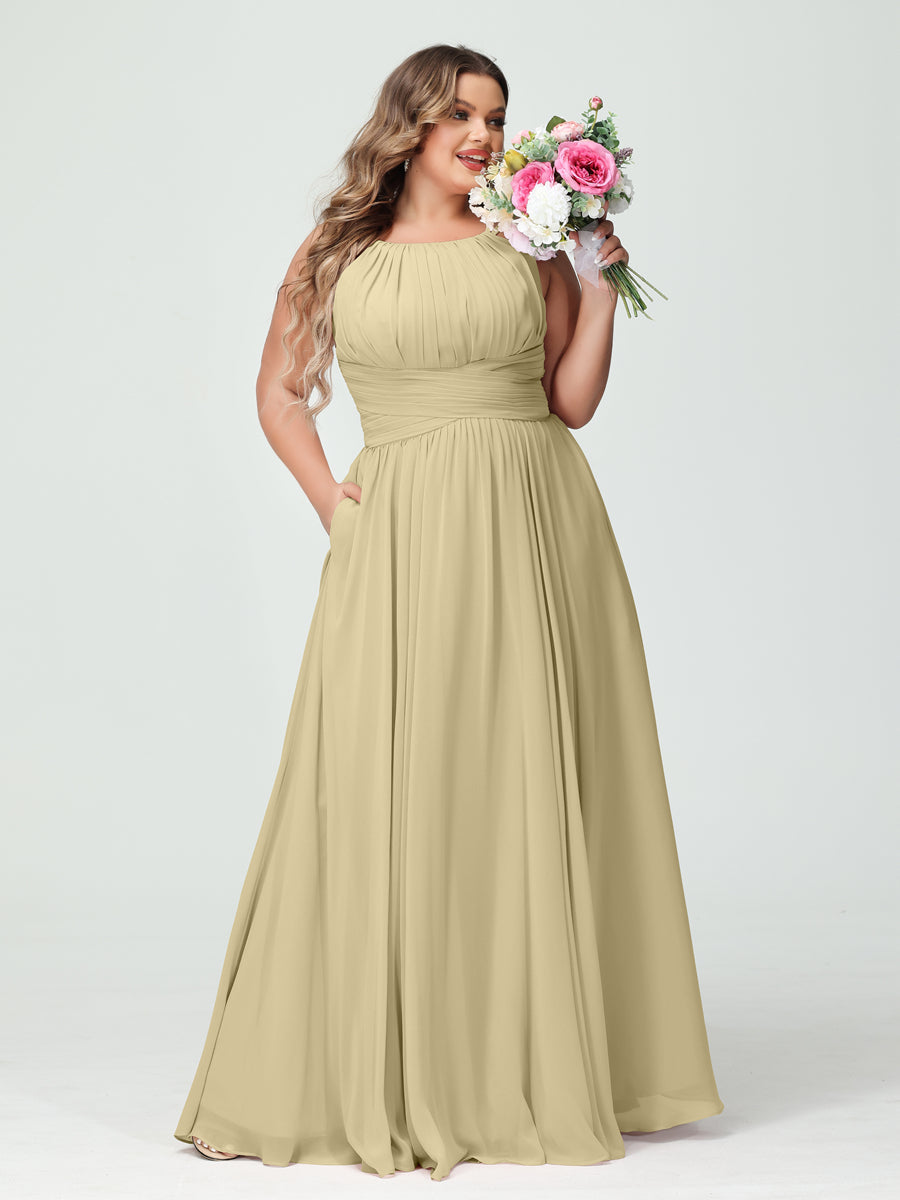 A-Line/Princess Spaghetti Straps Sleeveless Chiffon Ruched Plus Size Bridesmaid Dresses with Pockets Champagne
