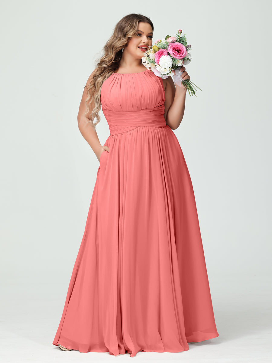 A-Line/Princess Spaghetti Straps Sleeveless Chiffon Ruched Plus Size Bridesmaid Dresses with Pockets Coral