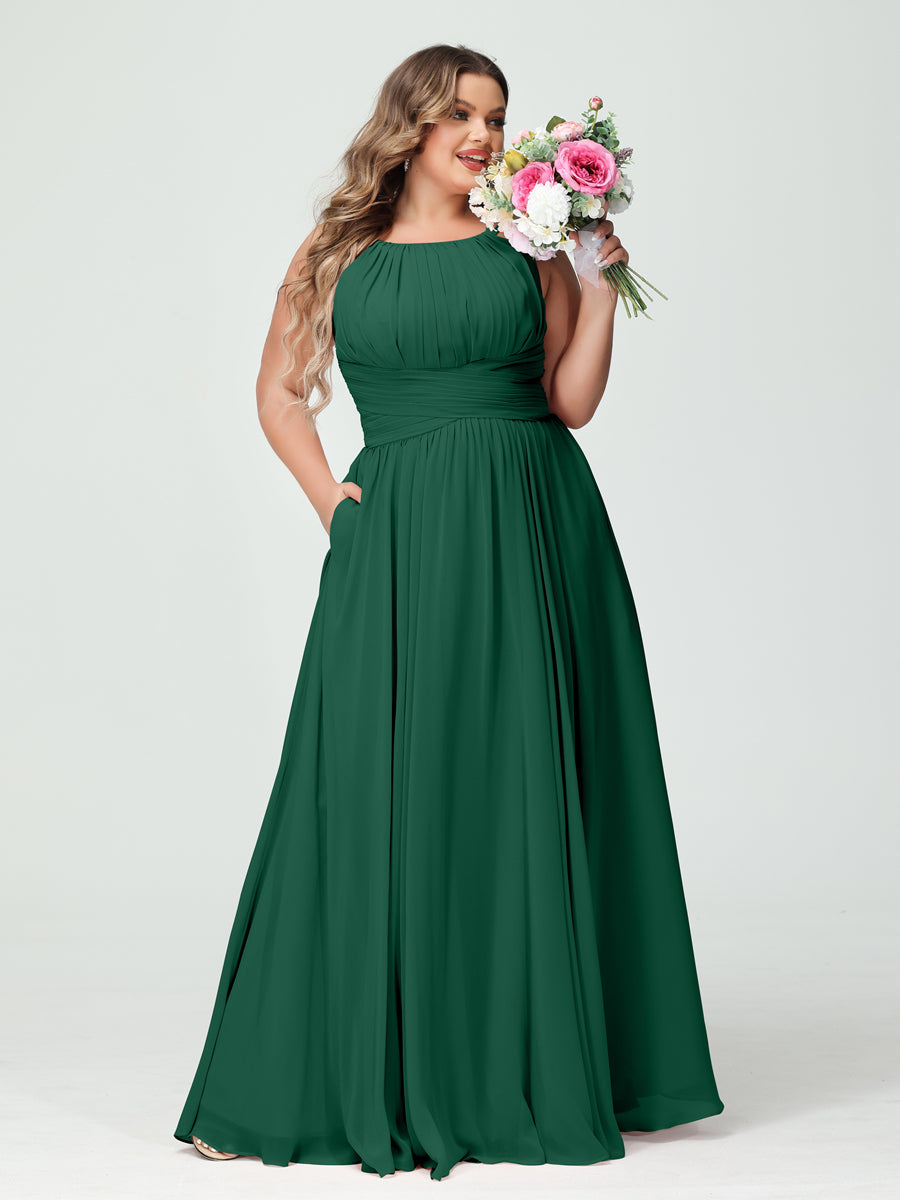 A-Line/Princess Spaghetti Straps Sleeveless Chiffon Ruched Plus Size Bridesmaid Dresses with Pockets Dark Green