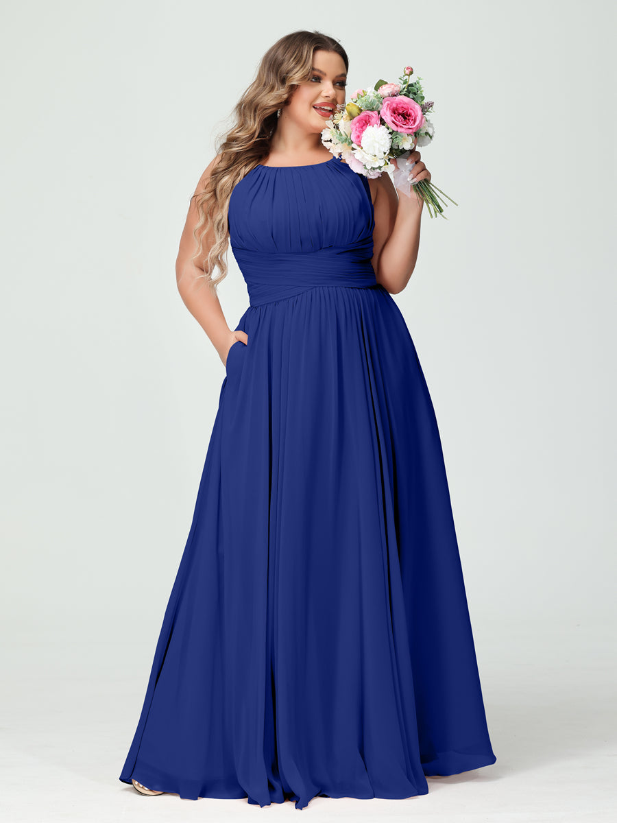 A-Line/Princess Spaghetti Straps Sleeveless Chiffon Ruched Plus Size Bridesmaid Dresses with Pockets Dark Royal Blue