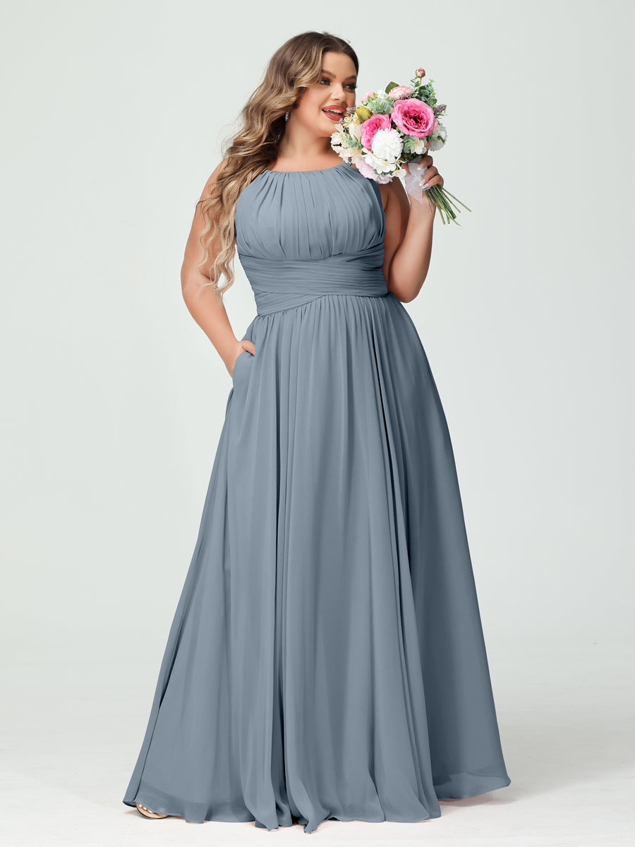 A-Line/Princess Spaghetti Straps Sleeveless Chiffon Ruched Plus Size Bridesmaid Dresses with Pockets Dusty Blue