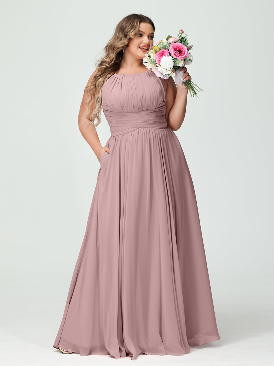 A-Line/Princess Spaghetti Straps Sleeveless Chiffon Ruched Plus Size Bridesmaid Dresses with Pockets Dusty Pink