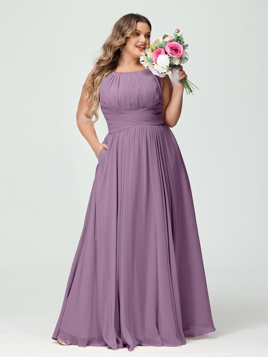 A-Line/Princess Spaghetti Straps Sleeveless Chiffon Ruched Plus Size Bridesmaid Dresses with Pockets Dusty Purple