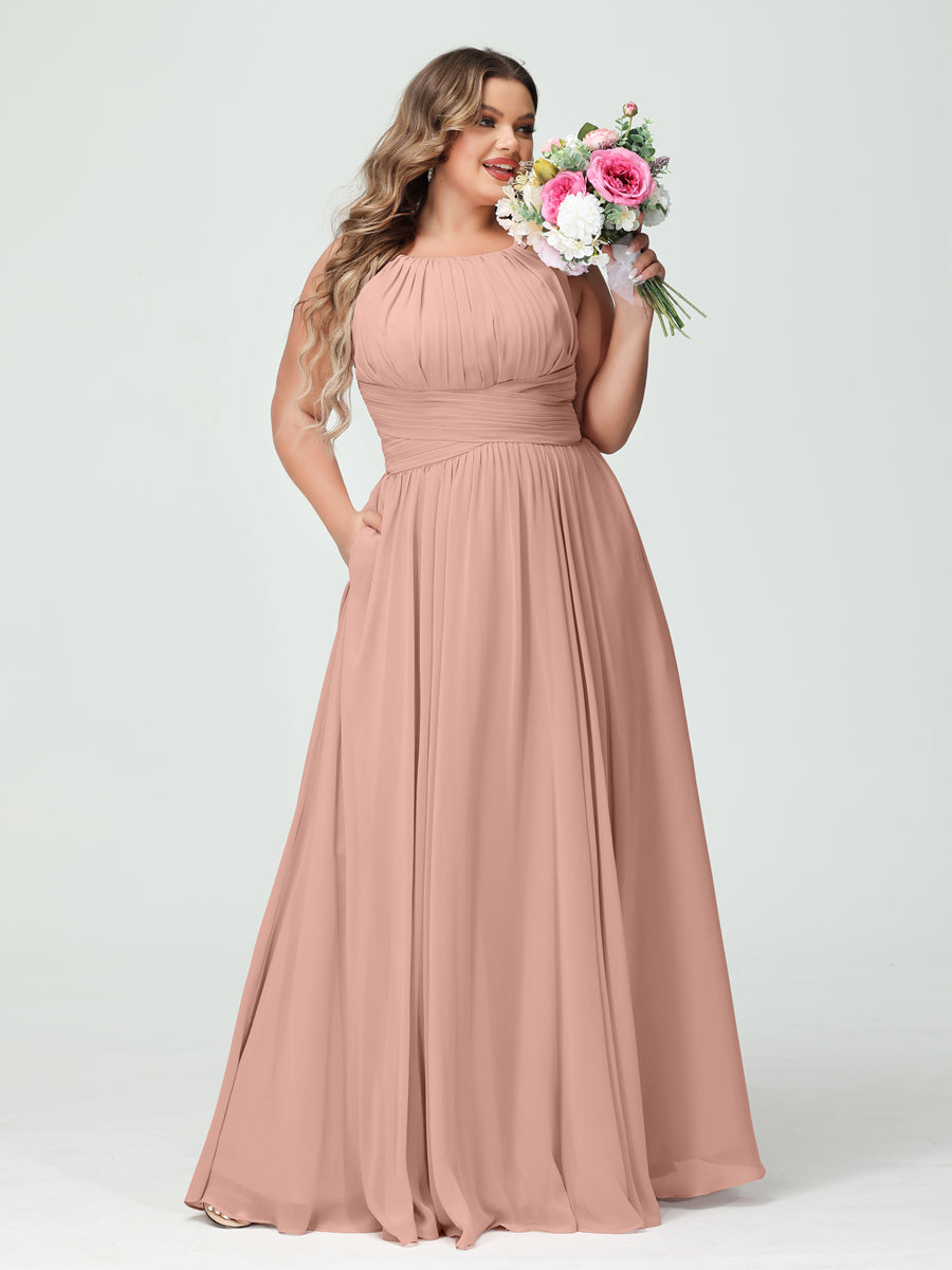 A-Line/Princess Spaghetti Straps Sleeveless Chiffon Ruched Plus Size Bridesmaid Dresses with Pockets Dusty Rose