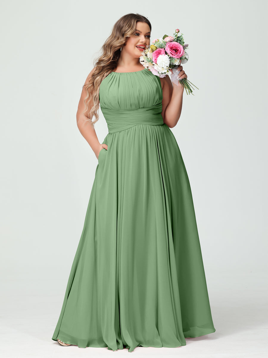 A-Line/Princess Spaghetti Straps Sleeveless Chiffon Ruched Plus Size Bridesmaid Dresses with Pockets Dusty Sage