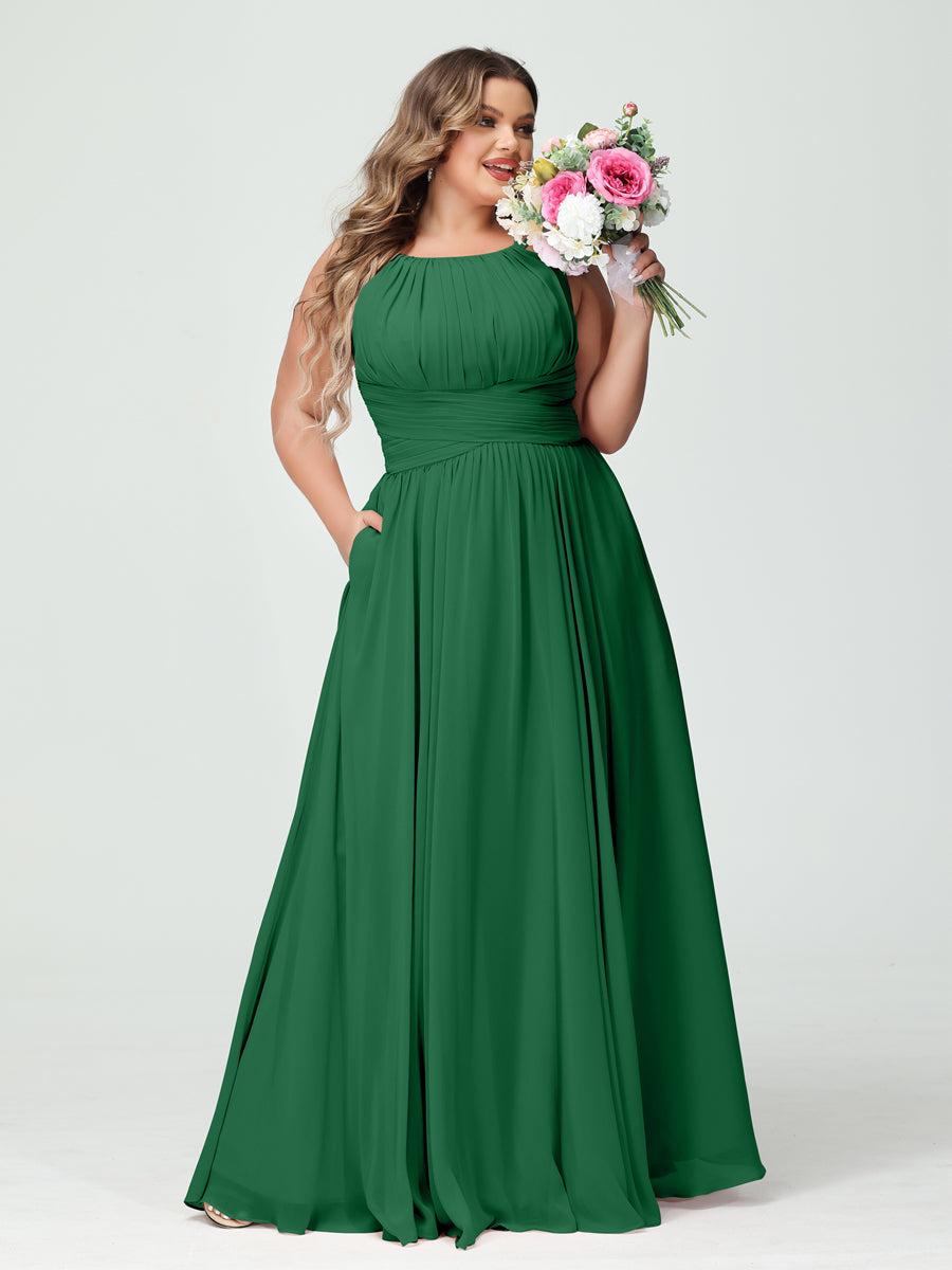 A-Line/Princess Spaghetti Straps Sleeveless Chiffon Ruched Plus Size Bridesmaid Dresses with Pockets Emerald