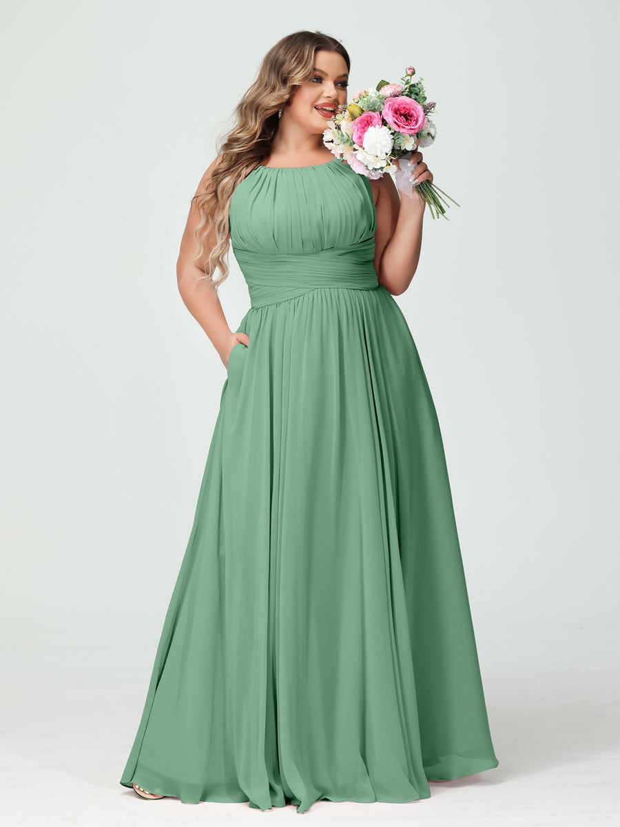 A-Line/Princess Spaghetti Straps Sleeveless Chiffon Ruched Plus Size Bridesmaid Dresses with Pockets Eucalyptus
