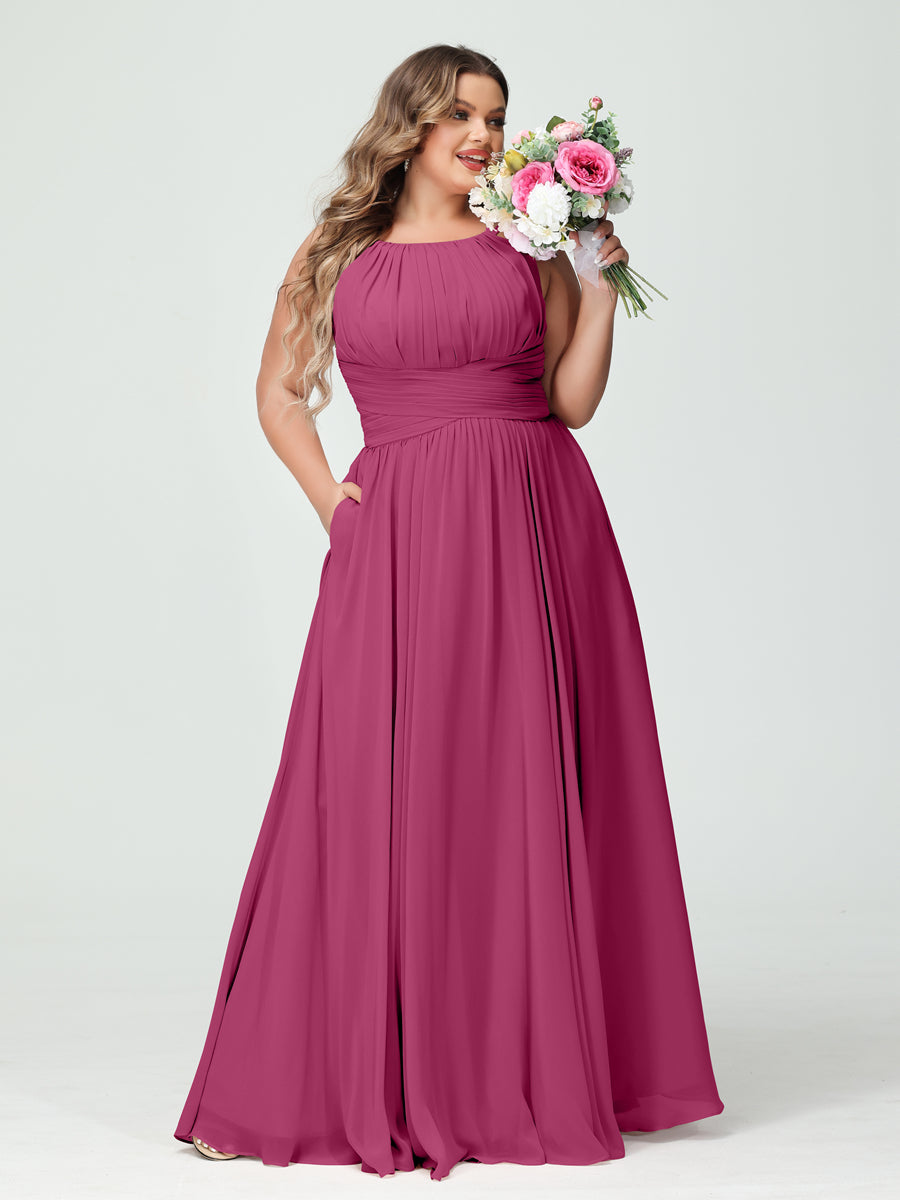 A-Line/Princess Spaghetti Straps Sleeveless Chiffon Ruched Plus Size Bridesmaid Dresses with Pockets Fuchsia