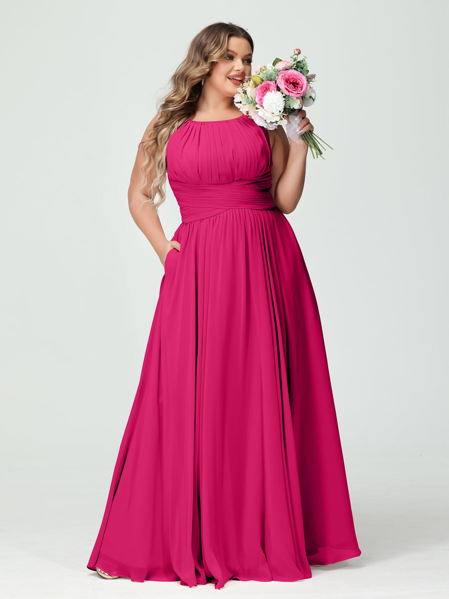 A-Line/Princess Spaghetti Straps Sleeveless Chiffon Ruched Plus Size Bridesmaid Dresses with Pockets Fuchsia Pink