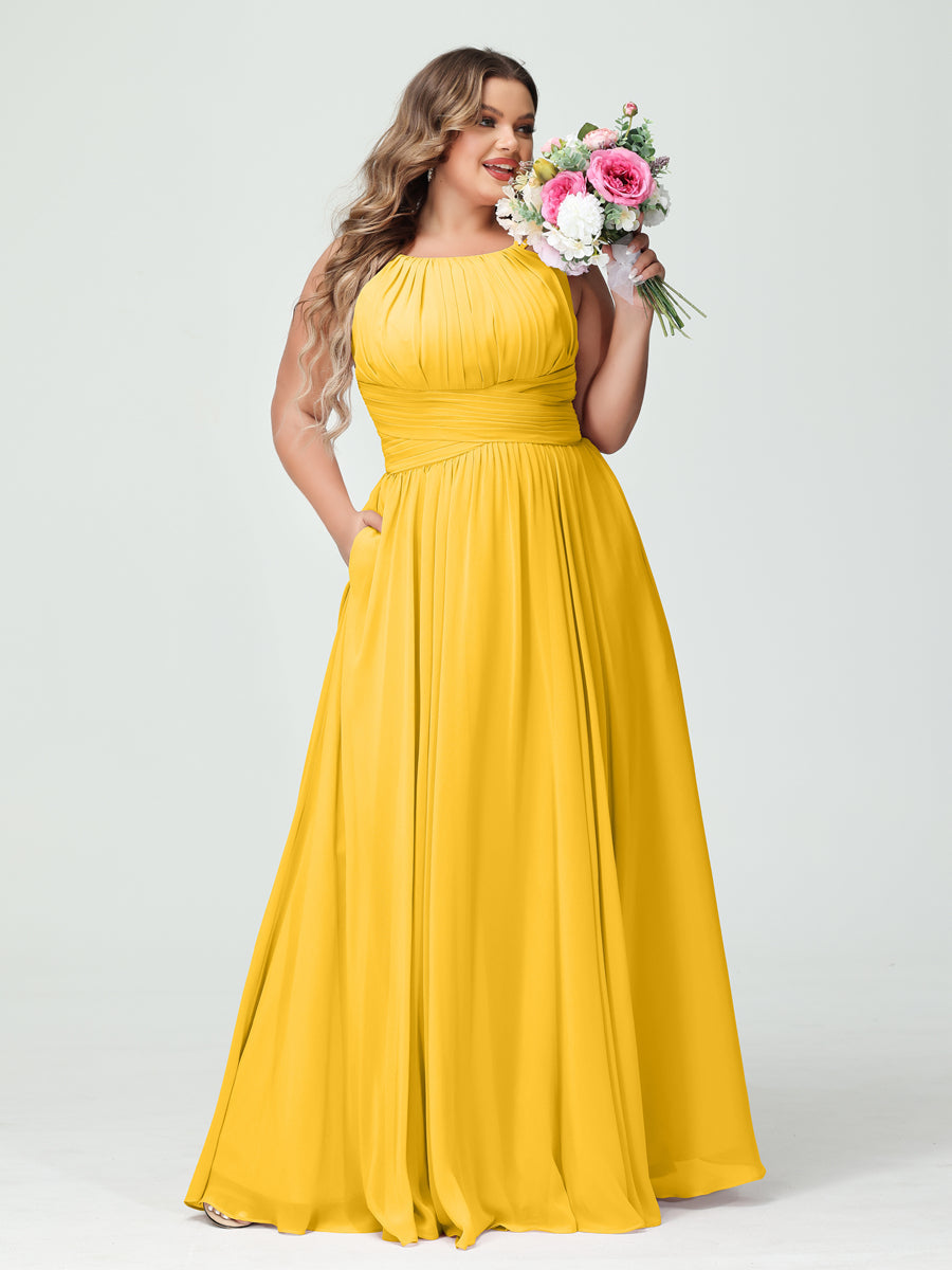 A-Line/Princess Spaghetti Straps Sleeveless Chiffon Ruched Plus Size Bridesmaid Dresses with Pockets Gold